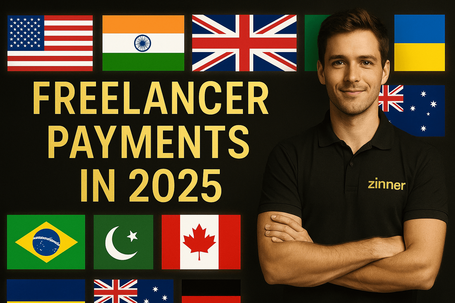 Zinn Hub Freelancer In Black Zinner Polo Beside Bold Gold Text 'Freelancer Payments In 2025' With Flags Of Us, India, Uk, Philippines, Nigeria, Brazil, Pakistan, Canada, Australia, Germany, And Ukraine In Background.