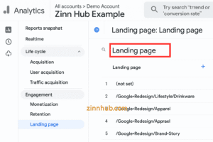 Example Of The Ga4 Landing Page Report From Zinn Hub’s Dashboard.
