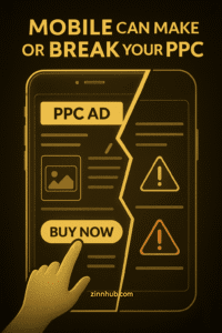 Gold And Black Digital Illustration Showing A Split Mobile Screen With A Ppc Ad, With One Side Optimised With A “Buy Now” Button And The Other Side Showing Warning Icons For Poor Ux  Titled “Mobile Can Make Or Break Your Ppc” By Zinn Hub.