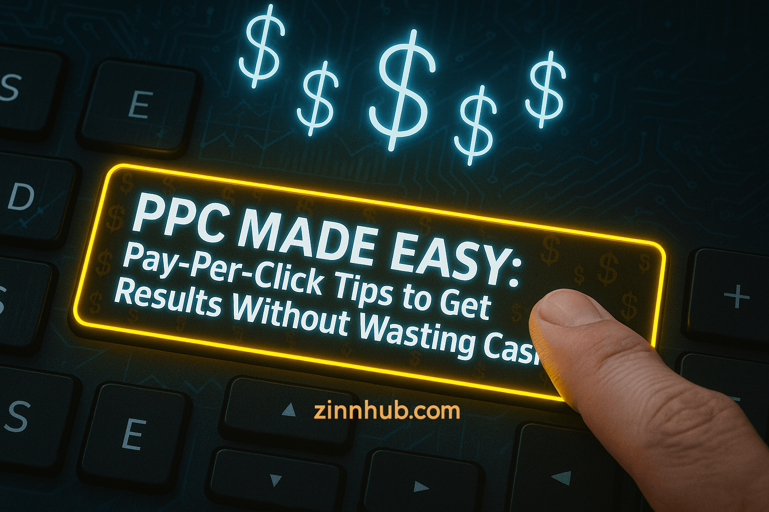Ppc Made Easy Blog Featured Image Showing A Gold And Black Computer Keyboard With “Pay-Per-Click Tips To Get Results Without Wasting Cash” On A Key, Branded For Zinn Hub Marketplace.