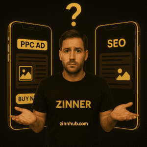 Confused Freelancer Wearing A Black 'Zinner' T-Shirt Stands Between Two Glowing Gold Smartphones Labelled Ppc Ad And Seo, Symbolising The Choice Between Pay-Per-Click Advertising And Search Engine Optimisation For A Zinn Hub Digital Marketing Concept.