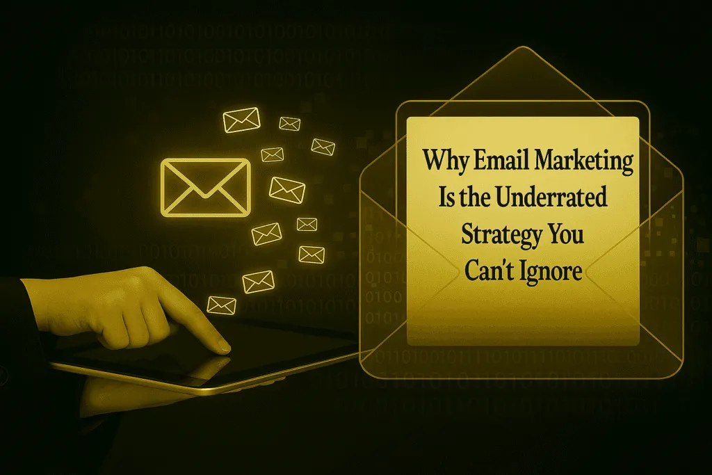 Why Email Marketing Is The Underrated Strategy You Can’t Ignore 4 Email Marketing Strategy Concept With Gold Digital Envelopes Emerging From Tablet – Featured Image For Zinn Hub Marketplace Blog Titled 'Why Email Marketing Is The Underrated Strategy You Can’t Ignore'