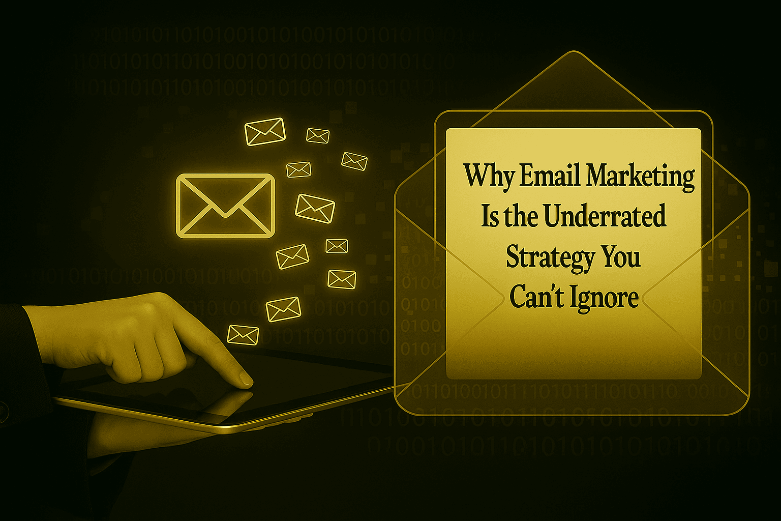Email Marketing Strategy Concept With Gold Digital Envelopes Emerging From Tablet – Featured Image For Zinn Hub Marketplace Blog Titled 'Why Email Marketing Is The Underrated Strategy You Can’t Ignore'