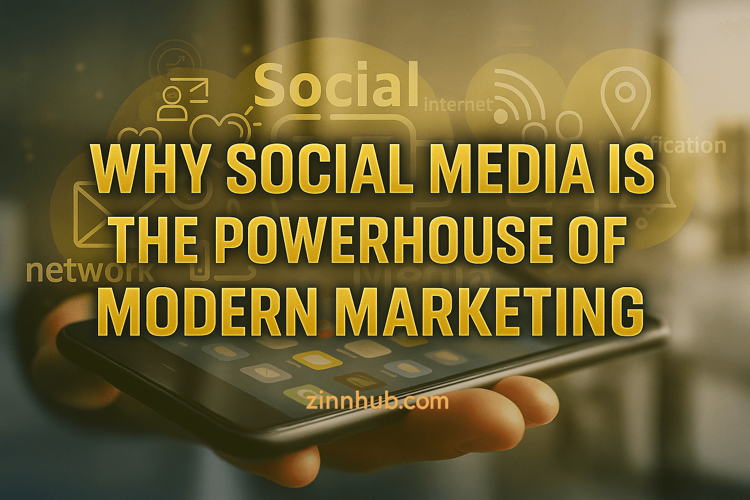 A Modern Digital Marketing Banner Showing A Close-Up Hand Holding A Smartphone With Social Media App Icons On The Screen. The Bold, Golden Text &Quot;Why Social Media Is The Powerhouse Of Modern Marketing&Quot; Is Centered Over A Blurred Office Background With Floating Icons Representing Messages, Notifications, And User Interactions.