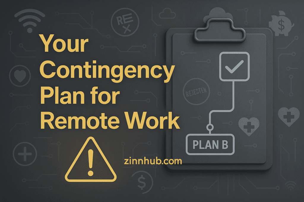 Your Contingency Plan For Remote Work 3 Your Contingency Plan For Remote Work” Graphic Showing A Clipboard With ‘Plan B’ And A Warning Icon, Styled In Dark Grey And Gold Tones With Subtle Remote Work Icons In The Background.