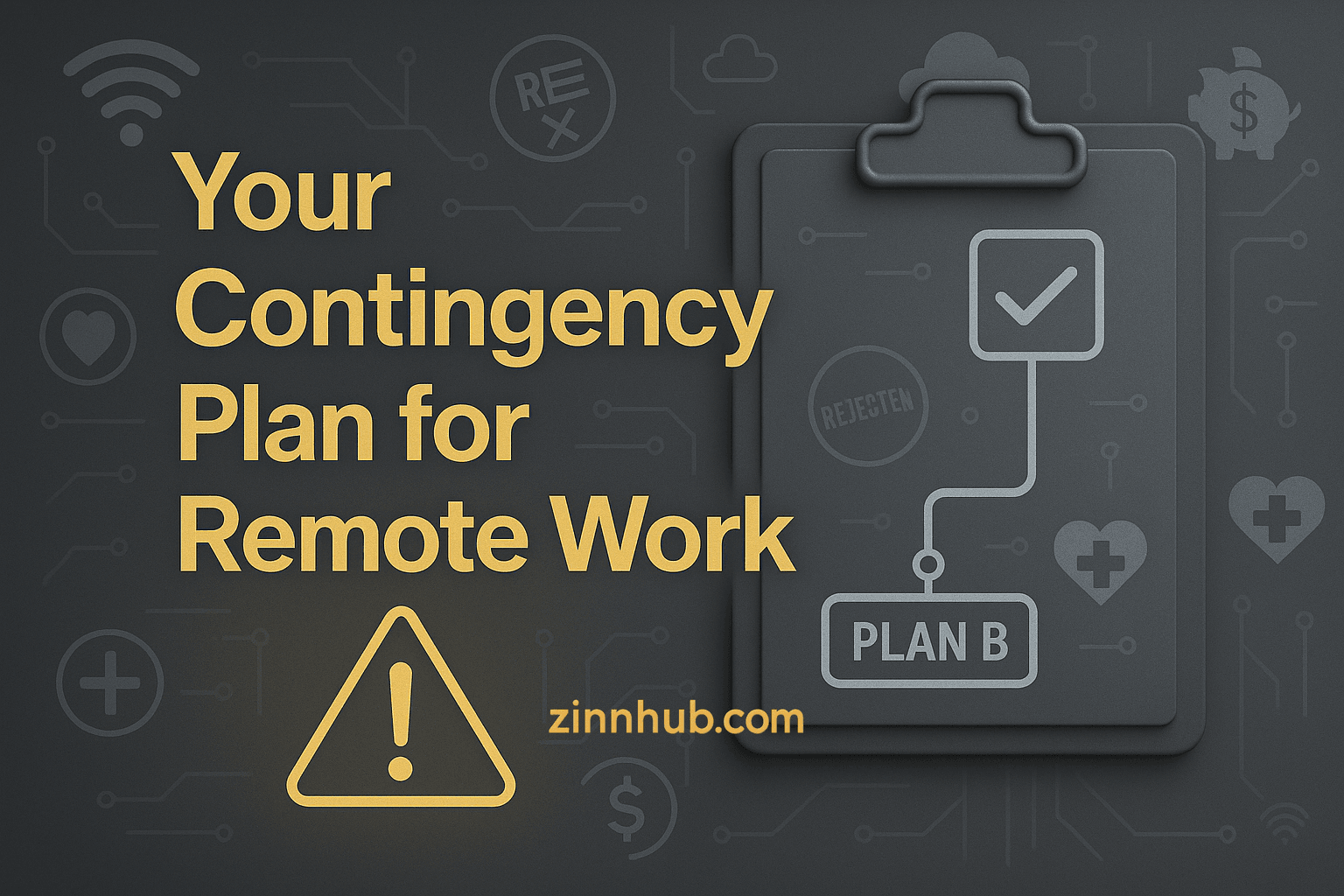 Your Contingency Plan For Remote Work” Graphic Showing A Clipboard With ‘Plan B’ And A Warning Icon, Styled In Dark Grey And Gold Tones With Subtle Remote Work Icons In The Background.