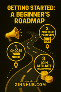 Affiliate Marketing Beginner’s Roadmap Infographic By Zinnhub Featuring A Winding Road With Three Gold-Highlighted Steps: 1. Choose Your Niche, 2. Pick Your Platform, 3. Join Affiliate Programmes, On A Black Background With Gold Icons.&Quot;