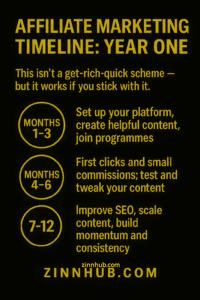 Infographic Titled 'Affiliate Marketing Timeline: Year One' By Zinnhub, Outlining Three Phases Of A Beginner Affiliate Marketer's Journey. Highlights Months 1–3 For Setup, Months 4–6 For First Commissions, And Months 7–12 For Scaling And Consistency, All In A Gold-On-Black Design.