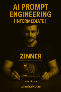 Male Freelancer In A Black Zinner T-Shirt Holding A Tablet With Glowing Ai Prompt Graphics, Promoting Intermediate Ai Prompt Engineering Jobs On The Zinnhub Marketplace, In A Gold And Black Theme.