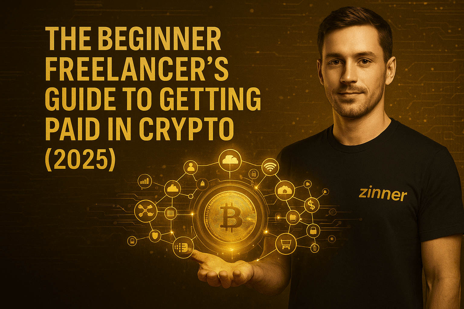 A Young Male Freelancer In A Black “Zinner” T-Shirt Holds A Glowing Bitcoin Surrounded By Digital Crypto Icons, With The Blog Title “The Beginner Freelancer’s Guide To Getting Paid In Crypto (2025)” In Bold Gold Text On A Futuristic Black Background.