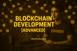 Asian Freelancer In Zinner T-Shirt Beside Golden Blockchain Nodes And Glowing Laptop, Promoting Advanced Blockchain Development Jobs On Zinn Hub Marketplace