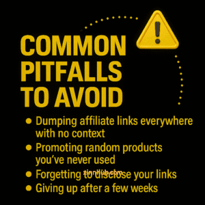 Infographic Titled 'Common Pitfalls To Avoid' In Bold Gold Text On A Black Background, Listing Four Common Affiliate Marketing Mistakes: Dumping Links Without Context, Promoting Untested Products, Failing To Disclose Links, And Giving Up Too Soon. Includes A Yellow Warning Icon And Zinnhub Branding.