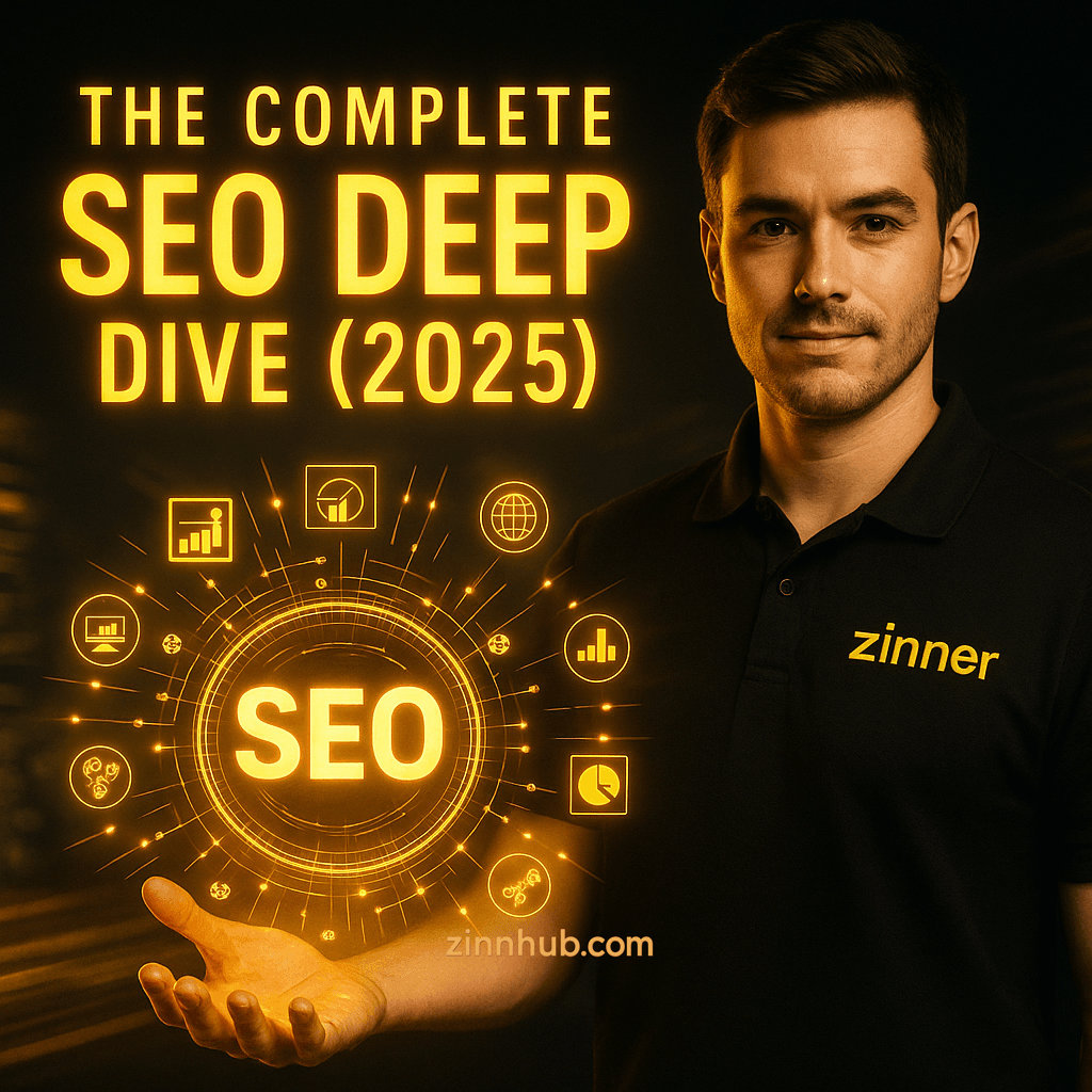 A Professional Zinn Hub Freelancer Holding A Glowing Seo Interface With Golden Icons And The Title &Quot;The Complete Seo Deep Dive (2025)&Quot;, Wearing A Black &Quot;Zinner&Quot; Polo Shirt Against A Sleek Digital Backdrop.