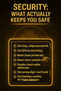 Crypto Security Infographic Checklist Inside A Glowing Vault With Seven Safety Tips Like 2Fa And Hardware Wallets, Designed For Zinn Hub Marketplace (2025)