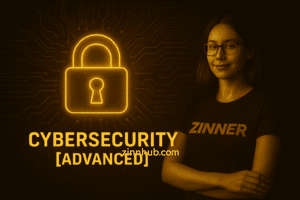 A Promotional Digital Graphic Highlighting Advanced Cybersecurity Freelance Jobs On Zinn Hub Marketplace. The Image Features A Confident Female Freelancer Wearing A Black &Quot;Zinner&Quot; T-Shirt, Positioned To The Right Of A Glowing Golden Padlock Icon. Set Against A Dark, High-Tech Background With Intricate Circuitry And Digital Security Elements, The Design Emphasises Protection, Modern Skills, And Remote Career Potential In The Cybersecurity Field.