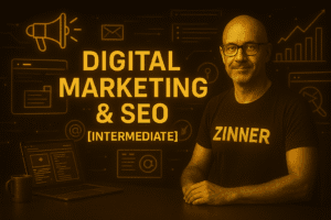 Mature Male Freelancer In Zinner T-Shirt Working On Digital Marketing And Seo Strategies At A Desk With Charts And Analytics Tools, Promoting Intermediate-Level Skills On Zinn Hub Marketplace