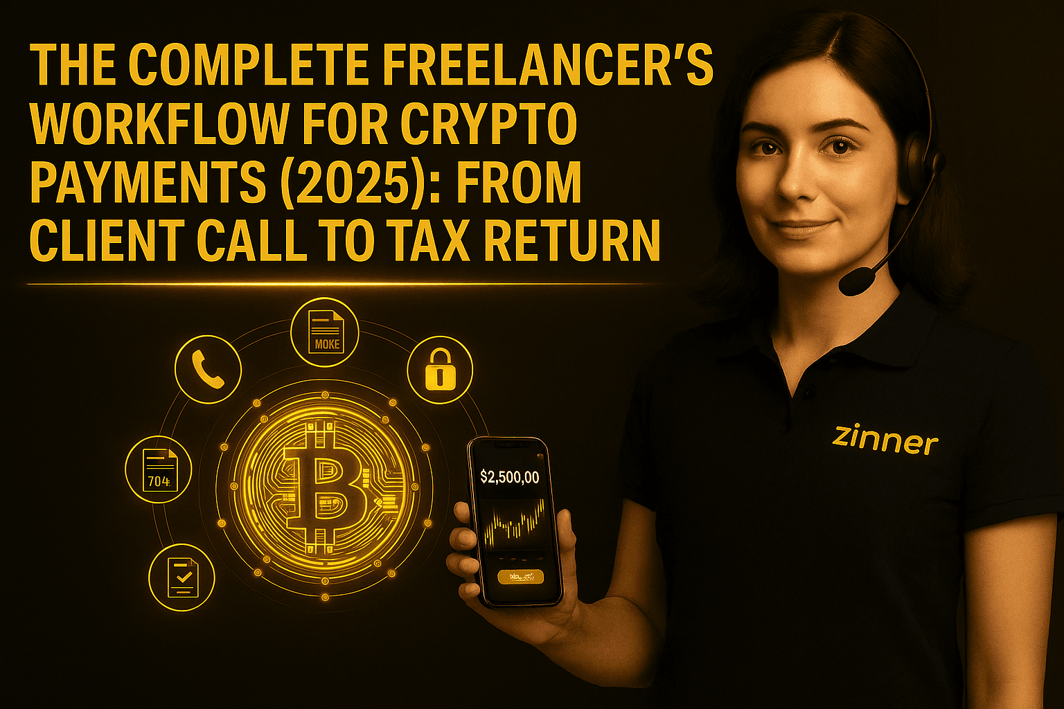 Female Freelancer In Zinner Polo With Headset, Holding Crypto Payments Phone, With Bitcoin Icons And 2025 Workflow Title.