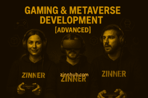 Three Zinner Freelancers In Black Hoodies, One Wearing A Vr Headset And Another Holding A Gaming Controller, Promoting Advanced Gaming &Amp; Metaverse Development Jobs On Zinn Hub Marketplace With Gold And Black Branding.