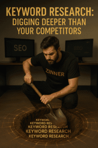 Male Zinn Hub Marketplace Freelancer In Black Branded 'Zinner' T-Shirt Digging Into A Glowing Hole Labelled 'Keyword Research' Inside A Modern Office With Monitors Showing Seo Graphics, Symbolising Deep Seo Competitor Keyword Strategy And Analysis.