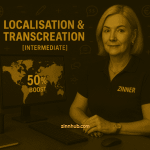 Professional Mature Female Freelancer In A Black Zinner Polo Shirt Sits At A Desk With A Visible Keyboard, Mouse, And Computer Monitor Displaying A Gold World Map And “50% Boost.” The Background Features Gold Localisation And Transcreation Icons. Image Represents Localisation And Transcreation Jobs At Intermediate Level On Zinn Hub Marketplace.