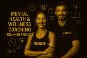 Smiling Male And Female Freelancers In Black Zinner T-Shirts Promoting Mental Health &Amp; Wellness Coaching Beginner Jobs On Zinn Hub Marketplace, With Gold Wellness And Mental Health Icons On A Black Background.