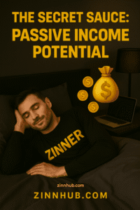 Realistic Image Of A Male Freelancer Sleeping Peacefully In Black Pyjamas With Gold 'Zinner' Branding, Symbolising Passive Income From Affiliate Marketing, With Digital Money Icons And The Headline 'The Secret Sauce: Passive Income Potential' On A Dark Background.