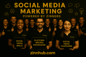 A Group Of Twelve Zinner Freelancers In Black Polo Shirts Stand Together Smiling And Giving Thumbs Up In Front Of A Dark Background With Glowing Gold Social Media Icons. Three Team Members At The Front Hold Tablets With Gold Text Reading “Social Media Skills,” “Platform-Specific Knowledge,” And “Social Media Campaigns.” Above Them, The Headline “Social Media Marketing Powered By Zinners” Appears In Gold, With “Zinnhub.com” Displayed At The Bottom.