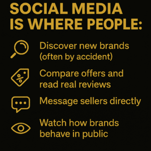 A Zinn Hub Marketplace Infographic With Gold Icons And Text On A Black Background Listing Key Social Media Behaviours: Discovering New Brands, Comparing Offers And Reading Reviews, Messaging Sellers Directly, And Observing Brand Behaviour In Public.