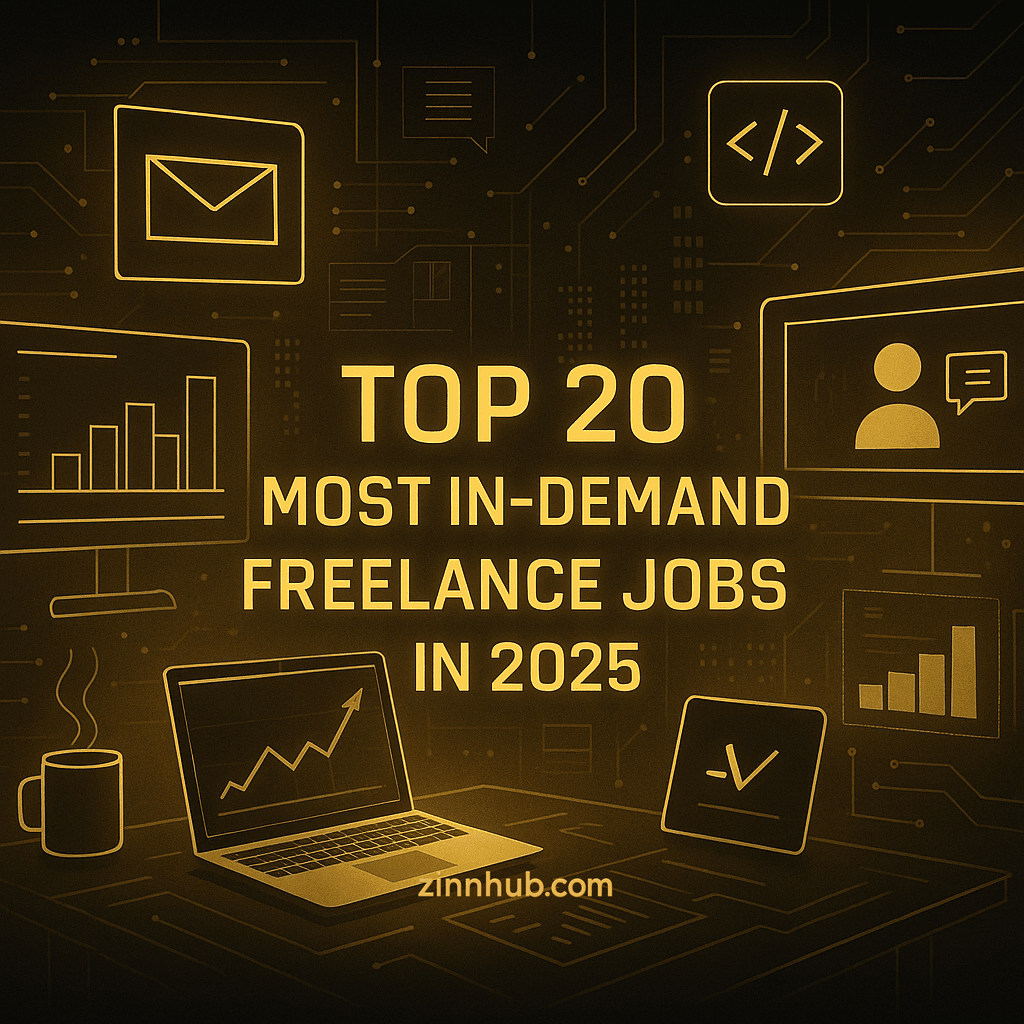 Gold And Black Digital Graphic Listing Top Freelance Jobs Of 2025 For Zinnhub.com