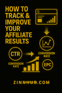 Infographic Showing How To Track And Improve Affiliate Results, With Glowing Gold-On-Black Design. Metrics Include Ctr, Conversion Rate, Epc, And A Google Analytics Dashboard Icon, All Linked By Arrows And Charts, Branded With Zinnhub.com.