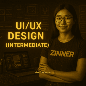 East Asian Female Freelancer In A Black Zinner T-Shirt Beside A Laptop With Wireframes, Promoting Intermediate-Level Ui/Ux Design Skills On The Zinnhub Freelance Marketplace.