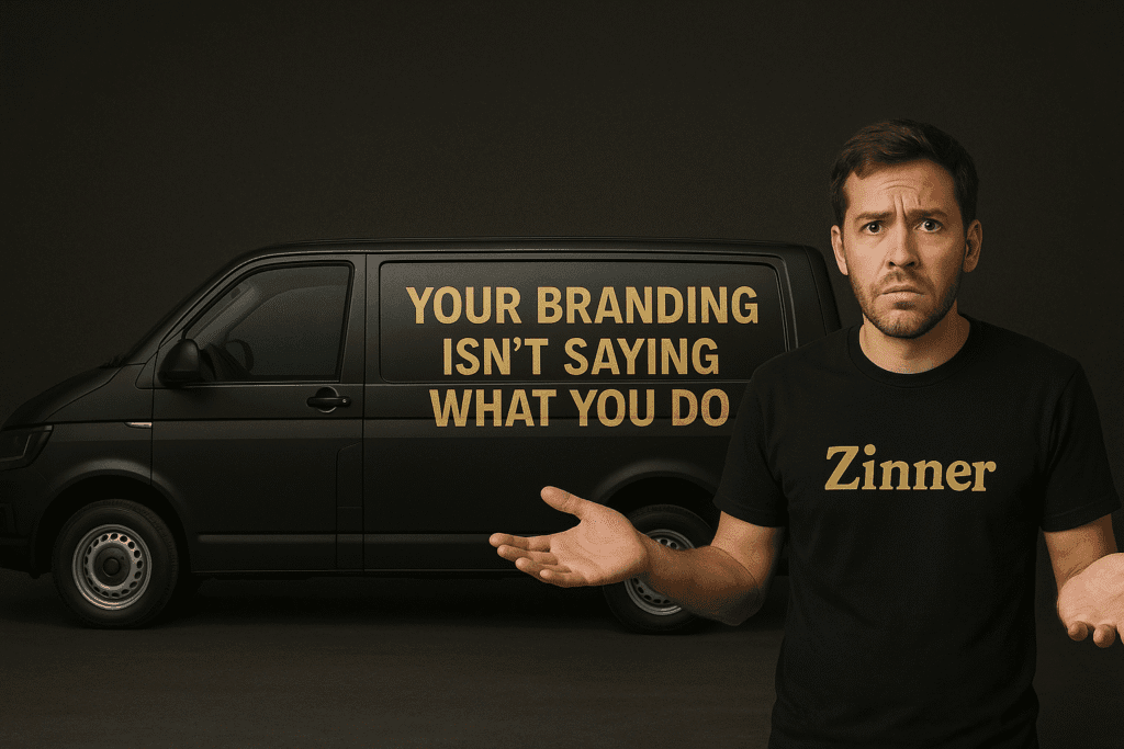 Confused Freelancer Beside A Black Van With Gold Text, “Your Branding Isn’t Saying What You Do,” Highlighting Unclear Branding.