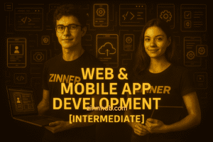 Young Male And Female Student Freelancers In Zinner T-Shirts Promoting Web And Mobile App Development At The Intermediate Level On Zinn Hub Marketplace With Glowing Icons Of Code, Mobile Apps, And Cloud Interfaces In The Background.