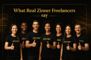 A Group Of Diverse Zinn Hub Freelancers Wearing Zinner-Branded Black Shirts Giving Thumbs Up, With Glowing Gold Text 'What Real Zinner Freelancers Say' And A Gold Sparkle Crypto-Themed Background.