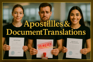 Three Individuals Holding Documents Related To Apostilles And Translations. The Left And Right Individuals Display Approved Apostille And Translation Certificates, While The Center Person Holds A Rejected Document With A Red Stamp, Visually Contrasting Successful And Failed Document Processing.