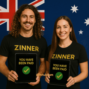 Two Australian Zinn Hub Freelancers Wearing Black Branded &Quot;Zinner&Quot; Shirts, One Male With Long Curly Hair, Hold Tablets Displaying &Quot;You Have Been Paid&Quot; With Green Checkmarks, Standing In Front Of The Australian Flag.