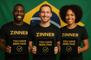 Three Zinn Hub Freelancers Two Brazilian And One White Male Remote Worker Wearing Black &Quot;Zinner&Quot; Shirts Hold Tablets Showing &Quot;You Have Been Paid&Quot; With Green Checkmarks, Standing In Front Of The Brazilian Flag.