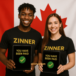 Two Canadian Freelancers At Zinn Hub Marketplace Wearing Black &Quot;Zinner&Quot; Shirts Holding Tablets Displaying &Quot;You Have Been Paid&Quot; With Green Checkmarks, Standing In Front Of The Canadian Flag.