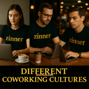 Three Remote Workers Wearing Zinner T-Shirts Working In Different Coworking Environments, Highlighting Varied Coworking Cultures From Silent Focus Spaces To Social Cafés.