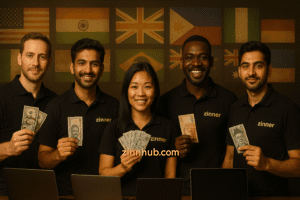 Freelancers From Diverse Countries Using Laptops And Holding Various Currencies, Representing Global Payments On Zinn Hub Freelancer Marketplace.