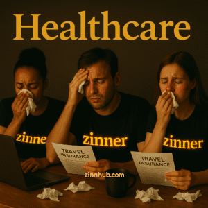 Three Remote Workers In Zinn Hub's Zinner T-Shirts Looking Unwell While Reading Travel Insurance Documents, Highlighting The Importance Of Reliable Healthcare When Working Abroad.&Quot;