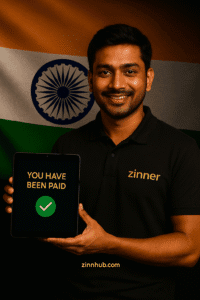 Zinn Hub Indian Freelancer In Black Zinner Shirt Holding A Tablet Showing 'You Have Been Paid' With Green Checkmark, Indian Flag In Background.