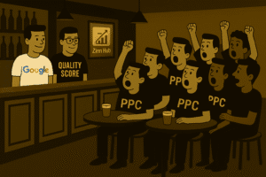 Cartoon Visual Illustration Showing A Bar Metaphor For Ppc Advertising, With Google And Quality Score As Bartenders Serving Enthusiastic Zinn Hub Marketplace Ppc Marketers.