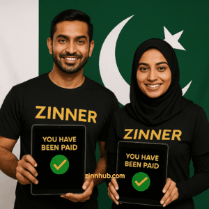 Two Pakistani Freelancers Wearing Black &Quot;Zinner&Quot; Shirts, One Female Freelancer In A Hijab, Hold Tablets Showing &Quot;You Have Been Paid&Quot; With Green Checkmarks, Standing In Front Of The Pakistan Flag. The Image Represents Successful Digital Payments To Freelancers In Pakistan, Showcasing The Empowerment And Financial Independence Of Local Talent.