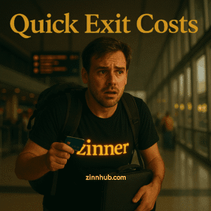 A Remote Worker Wearing A Zinn Hub Zinner T-Shirt Looking Anxious In An Airport While Holding A Credit Card And Carry-On Bag, Representing The Stress And Financial Strain Of Sudden Travel Changes Or Emergency Departures.