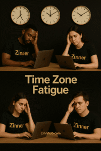 Remote Workers Wearing Zinner T-Shirts Sitting At Laptops Under Wall Clocks, Appearing Tired And Overwhelmed To Represent Time Zone Fatigue In Remote Work.