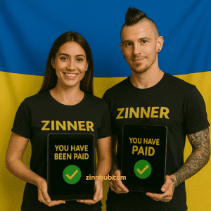 A Ukrainian Man With A Mohawk And Tattoos And A Woman With Long Brown Hair, Both Wearing Black &Quot;Zinner&Quot; Shirts, Hold Tablets Showing &Quot;You Have Been Paid&Quot; With Green Checkmarks, Standing In Front Of The Ukrainian Flag. This Image Highlights Successful, Diverse Freelancer Payments In Ukraine, Symbolising Empowerment And Inclusion In The Global Digital Economy.