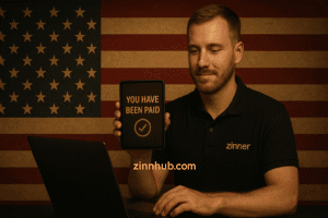 Zinn Hub Marketplace U.s. Freelancer In A Black Zinner Shirt Holding A Tablet Displaying 'You Have Been Paid' With A Green Checkmark, American Flag In The Background.