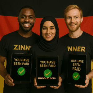 Three German Freelancers, One Black Man, One Woman In A Hijab, And One White Man With Blonde Hair And A Beard, Wearing Black &Quot;Zinner&Quot; Shirts Hold Tablets Displaying &Quot;You Have Been Paid&Quot; With Green Checkmarks, Standing In Front Of The German Flag. This Image Symbolises Inclusive Digital Payment Success Among Freelancers In Germany, Showcasing Diversity, Modern Gig Economy Empowerment, And Zinner’s Role In Enabling Seamless Global Transactions.