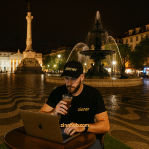 Freelancer Zinner Working On His Laptop At Rossio Square, Lisbon, Portugal